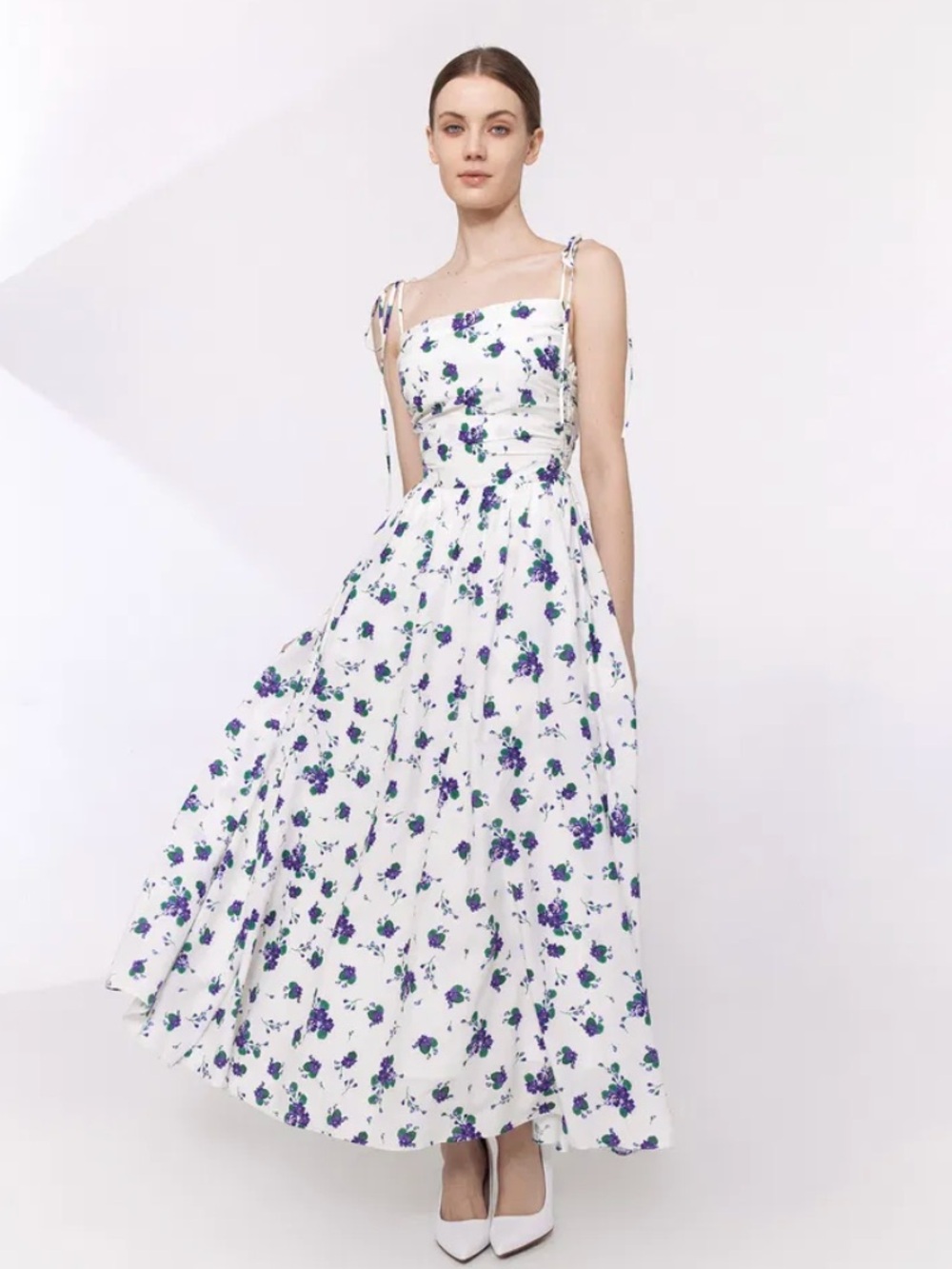Jack IsenberG White Floral Dress with Purple & Green Print